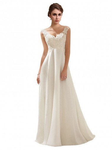 Soft Chiffon & Lace V-Neck Sleeveless Low Back Sweep Train Wedding Dress Kent