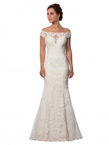 Lace Off the Shoulder Cap Sleeves Ivory Chapel Train Boho Wedding Dress Kent