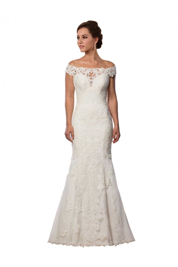 Lace Off the Shoulder Cap Sleeves Ivory Chapel Train Boho Wedding Dress Kent