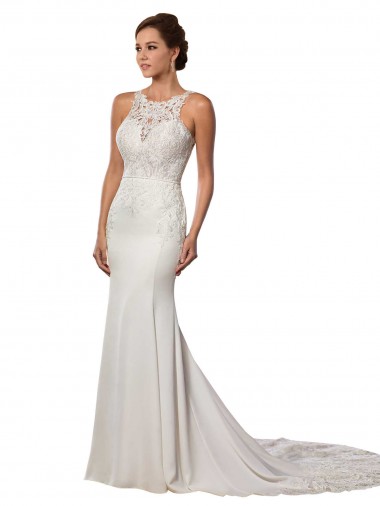 Lace High Neck Sleeveless V-Back Chapel Train Modern Wedding Dress Kent