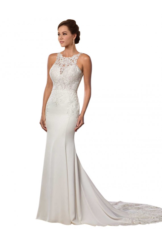 Lace High Neck Sleeveless V-Back Chapel Train Modern Wedding Dress Kent