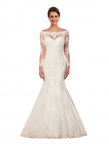 Lace Bateau Neck Long Sleeves Chapel Train Sexy Wedding Dress Kent