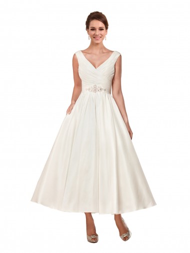 Satin V-Neck Sleeveless Ankle Length Wedding Dress Kent