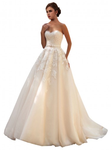 Tulle & Lace Ball Gown Sleeveless Ivory & Champagne Chapel Train Wedding Dress Kent
