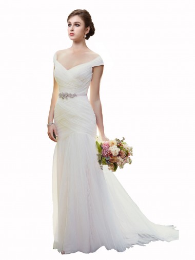 Tulle Off the Shoulder Sleeveless Chapel Train Beach Wedding Dress Kent