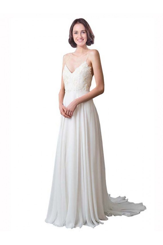 Soft Chiffon & Lace Spaghetti Straps Sleeveless Chapel Train Beach Wedding Dress Kent