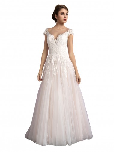 Tulle & Lace Illusion Neck Cap Sleeves Cathedral Train Beach Wedding Dress Kent