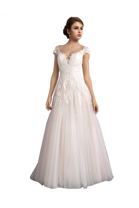 Tulle & Lace Illusion Neck Cap Sleeves Cathedral Train Beach Wedding Dress Kent