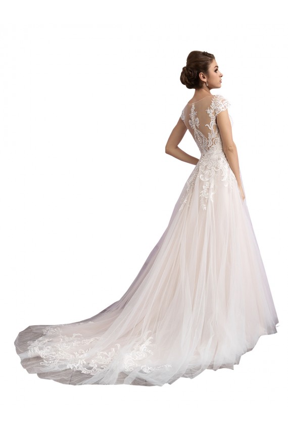 Tulle & Lace Illusion Neck Cap Sleeves Cathedral Train Beach Wedding Dress Kent