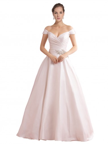 Satin Off the Shoulder Sleeveless V-Back Chapel Train Wedding Dresses Kent
