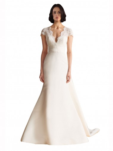 Satin V-Neck Cap Sleeves Keyhole Back Chapel Train Wedding Dress Kent