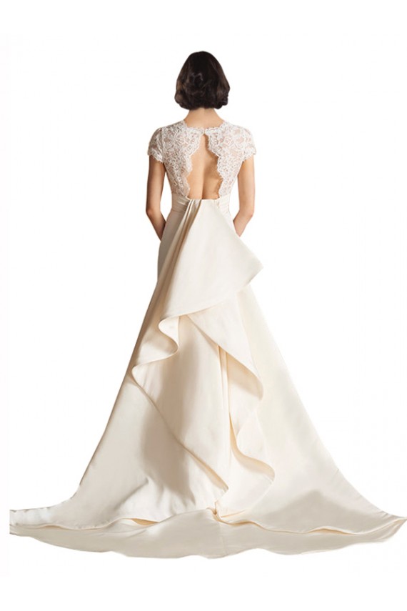 Satin V-Neck Cap Sleeves Keyhole Back Chapel Train Wedding Dress Kent