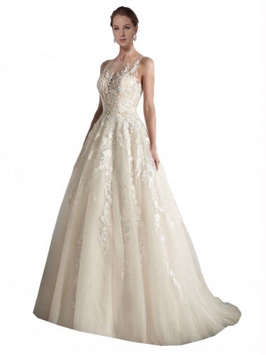 Tulle Illusion Neck Sleeveless Ivory & Champagne Chapel Train Wedding Dress Kent
