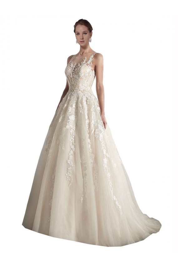 Tulle Illusion Neck Sleeveless Ivory & Champagne Chapel Train Wedding Dress Kent