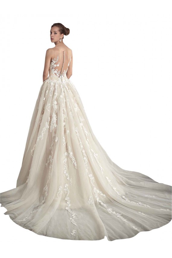 Tulle Illusion Neck Sleeveless Ivory & Champagne Chapel Train Wedding Dress Kent