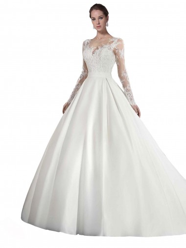Satin & Lace Illusion Neck Long Sleeves Cathedral Train Wedding Dress Kent