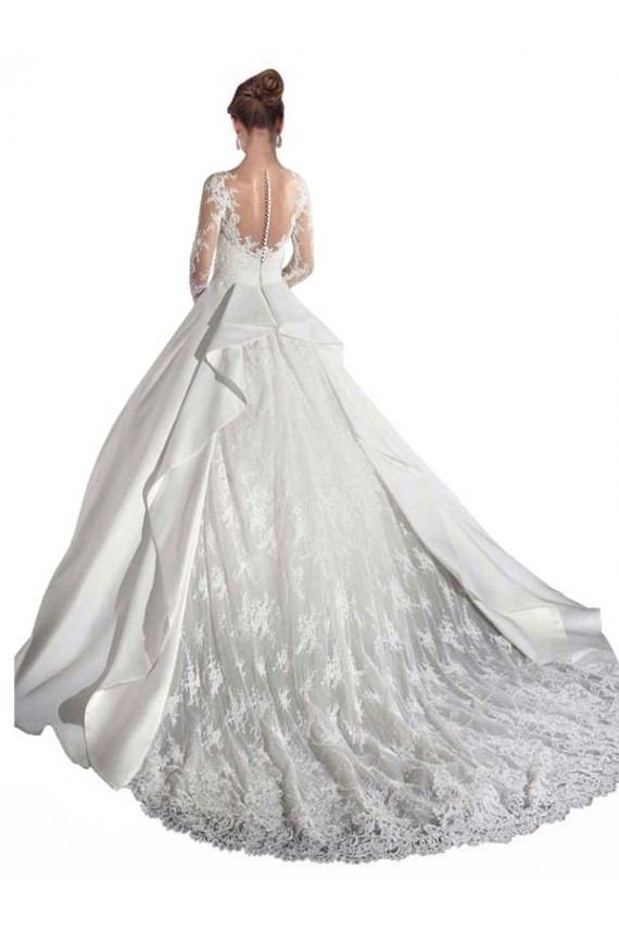 Satin & Lace Illusion Neck Long Sleeves Cathedral Train Wedding Dress Kent