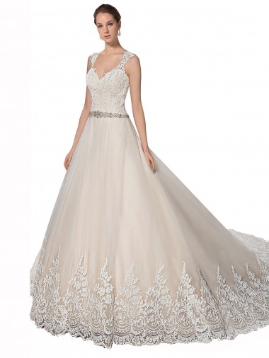 Tulle & Lace Sweetheart Sleeveless Ivory & Champagne Chapel Train Wedding Dress Kent
