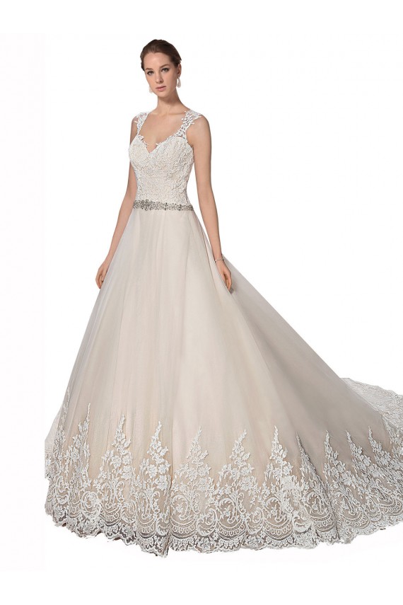 Tulle & Lace Sweetheart Sleeveless Ivory & Champagne Chapel Train Wedding Dress Kent