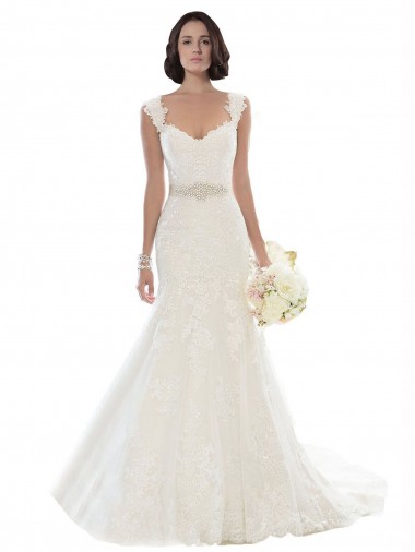 Lace Off the Shoulder Sleeveless White Chapel Train Beach Wedding Dress Kent