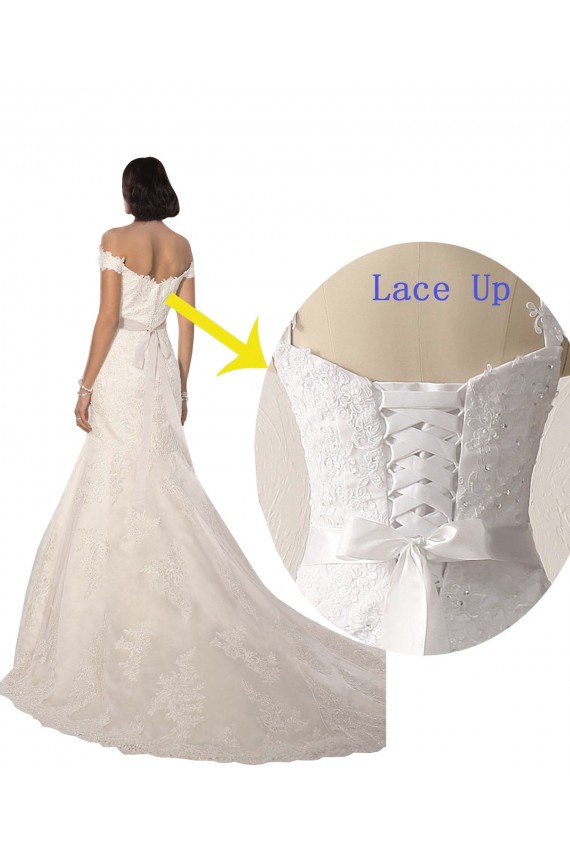 Lace Off the Shoulder Sleeveless White Chapel Train Beach Wedding Dress Kent