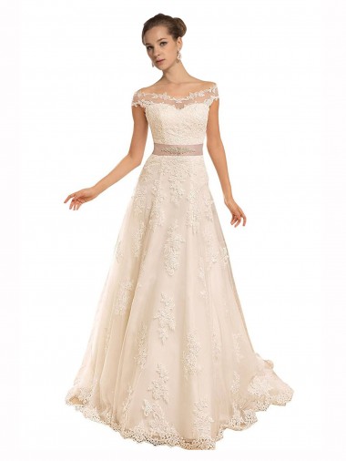 Lace Off the Shoulder Sleeveless Ivory Chapel Train Beach Wedding Dress Kent