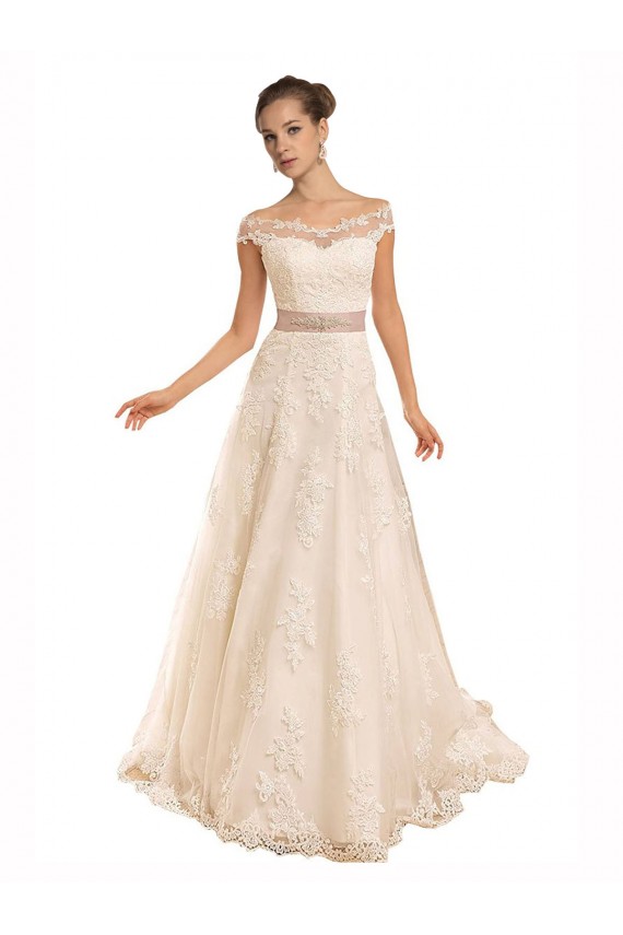 Lace Off the Shoulder Sleeveless Ivory Chapel Train Beach Wedding Dress Kent