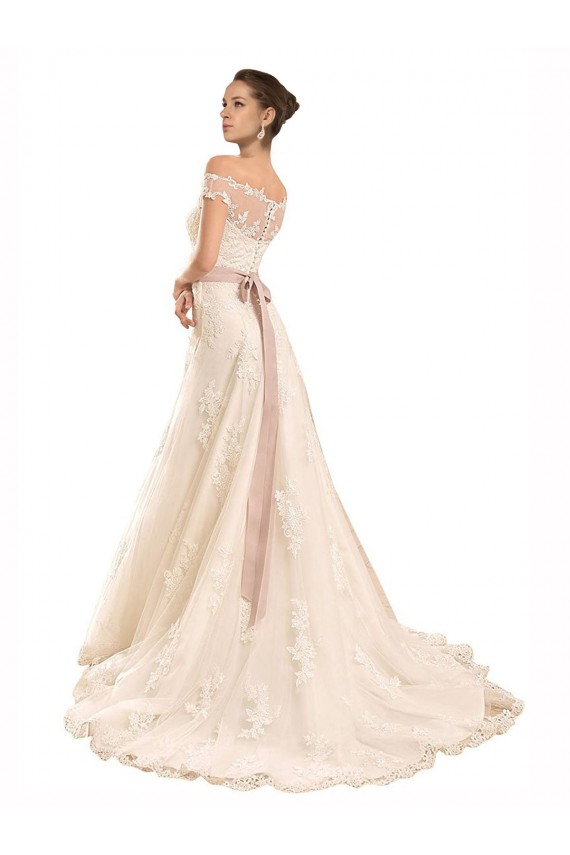 Lace Off the Shoulder Sleeveless Ivory Chapel Train Beach Wedding Dress Kent