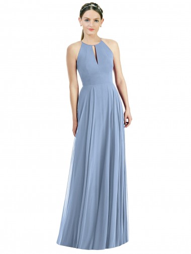 Soft Chiffon Halter Neck Sleeveless Dusty Blue Long Semi Formal Evening Dress / Bridesmaid Dress Kent