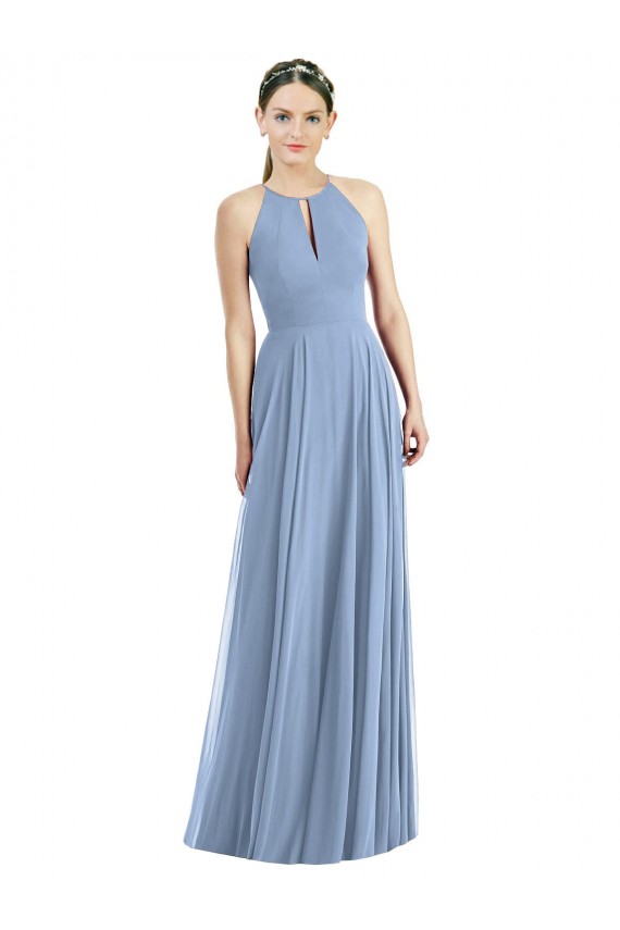 Soft Chiffon Halter Neck Sleeveless Dusty Blue Long Semi Formal Evening Dress / Bridesmaid Dress Kent