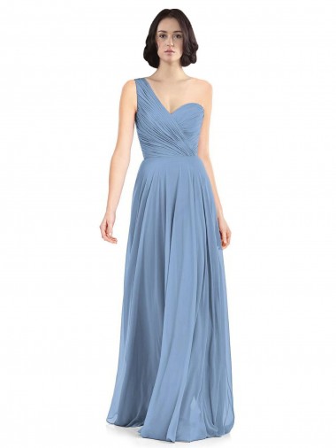 Soft Chiffon One Shoulder Sleeveless Dusty Blue Long Formal Dress / Bridesmaid Dress Kent
