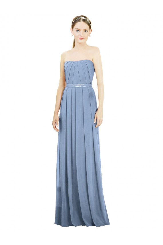 Soft Chiffon Strapless Sleeveless Dusty Blue Long Bridesmaid Dress Kent