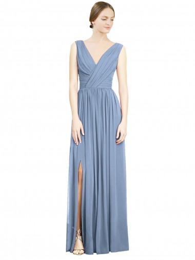 Soft Chiffon V-Neck Sleeveless Dusty Blue Long Semi Formal Evening Dress / Bridesmaid Dress Kent