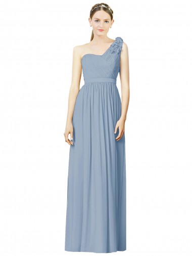 Soft Chiffon One Shoulder Sleeveless Dusty Blue Long Bridesmaid Dress Kent