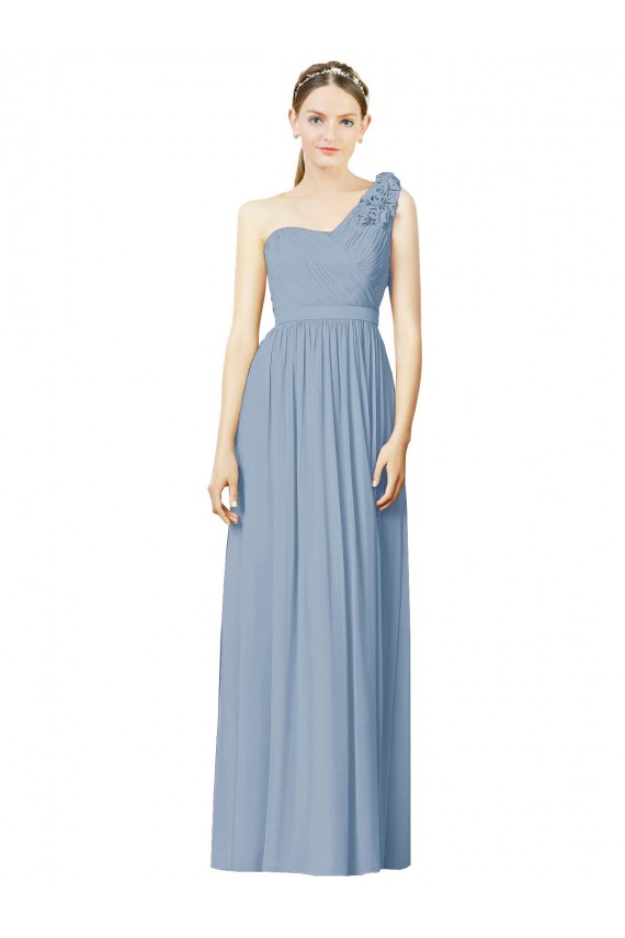 Soft Chiffon One Shoulder Sleeveless Dusty Blue Long Bridesmaid Dress Kent