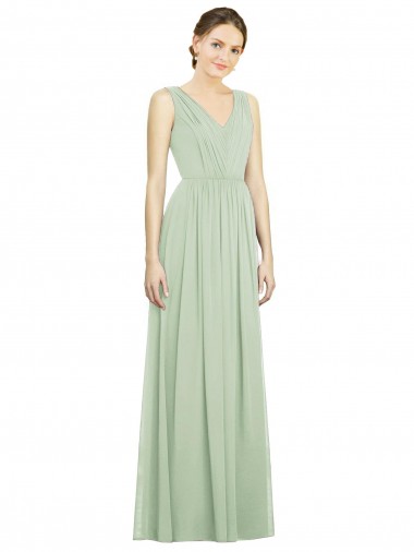 Soft Chiffon V-Neck Sleeveless V-Back Sage Long Bridesmaid Dress Kent