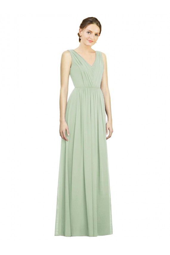 Soft Chiffon V-Neck Sleeveless V-Back Sage Long Bridesmaid Dress Kent