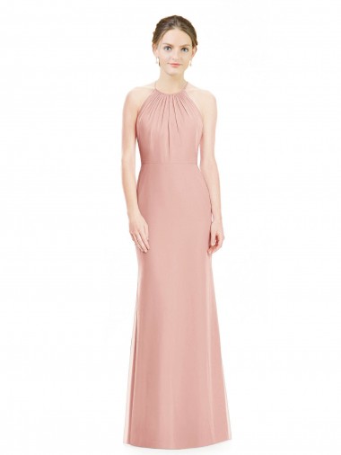 Soft Chiffon Halter Neck Sleeveless Bliss Pink Long Bridesmaid Dress Kent