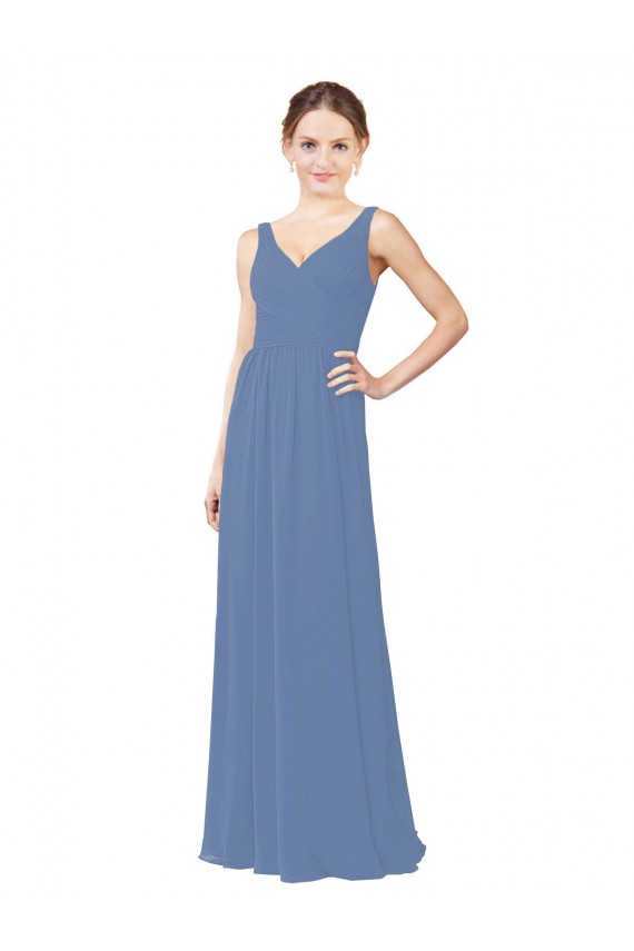Soft Chiffon V-Neck Sleeveless Windsor Blue Long Bridal Party Dress Kent