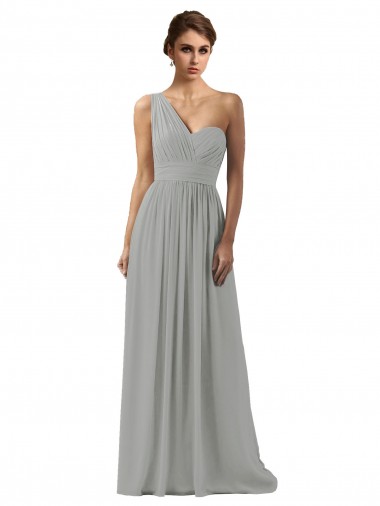 Soft Chiffon One Shoulder Sleeveless Silver Long Bridesmaid Dress Kent