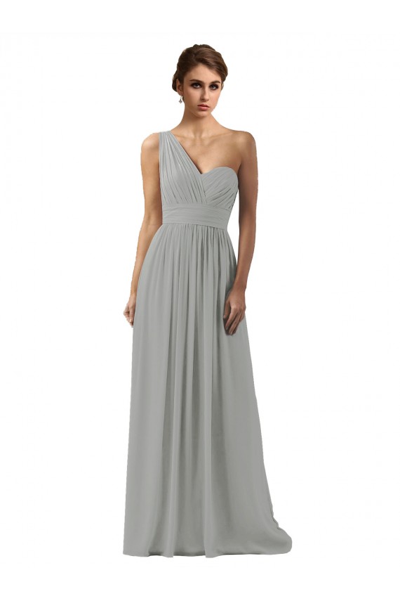 Soft Chiffon One Shoulder Sleeveless Silver Long Bridesmaid Dress Kent