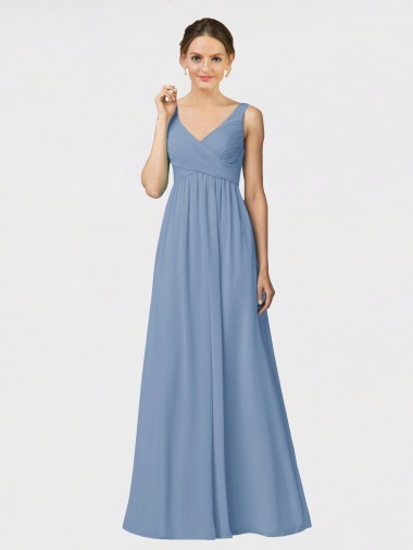 Soft Chiffon Spaghetti Straps Sleeveless Dusty Blue Long Bridesmaid Gown Kent