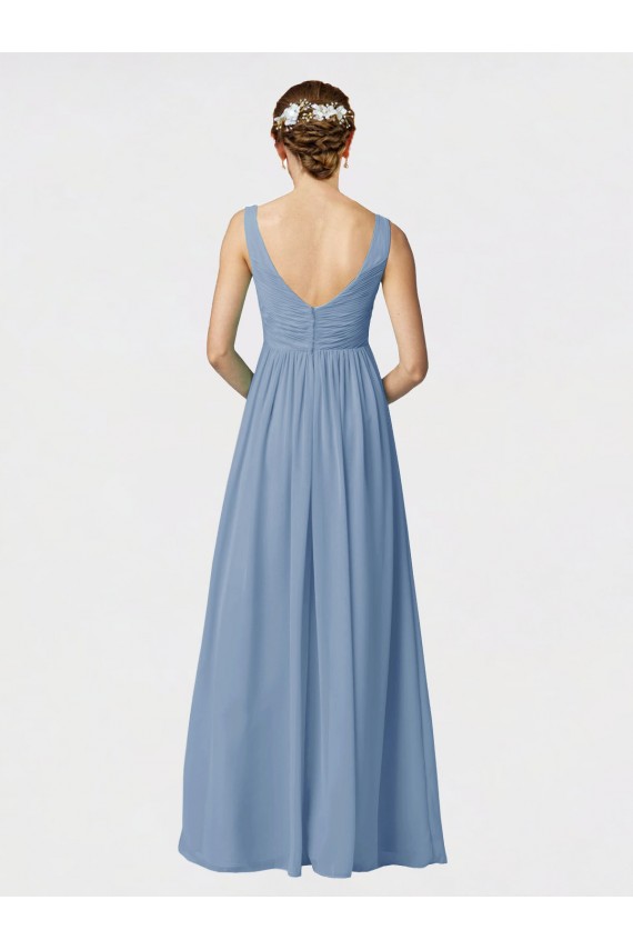 Soft Chiffon Spaghetti Straps Sleeveless Dusty Blue Long Bridesmaid Gown Kent