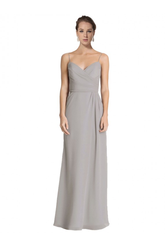 Soft Chiffon Spaghetti Straps Sleeveless Silver Long Bridesmaid Dress Kent