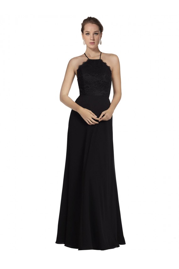 Soft Chiffon & Lace Halter Neck Sleeveless Keyhole Back Long Bridesmaid Gown Kent