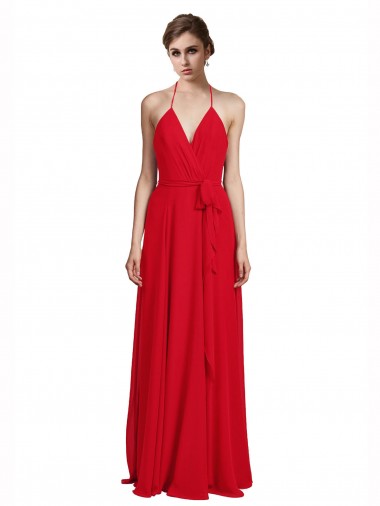 Chiffon Spaghetti Straps Sleeveless Red Long Bridesmaid Dress Kent