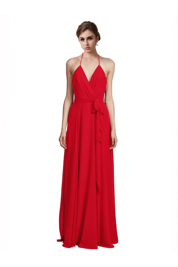 Chiffon Spaghetti Straps Sleeveless Red Long Bridesmaid Dress Kent