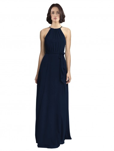 Chiffon Halter Neck Sleeveless Dark Navy Long Evening Gowns / Bridesmaid Dresses Kent