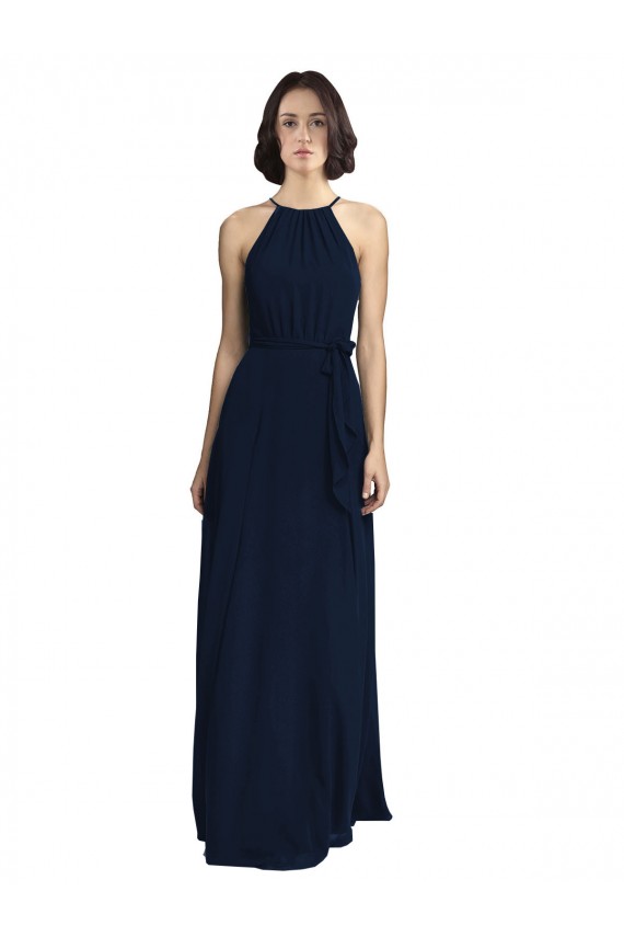 Chiffon Halter Neck Sleeveless Dark Navy Long Evening Gowns / Bridesmaid Dresses Kent
