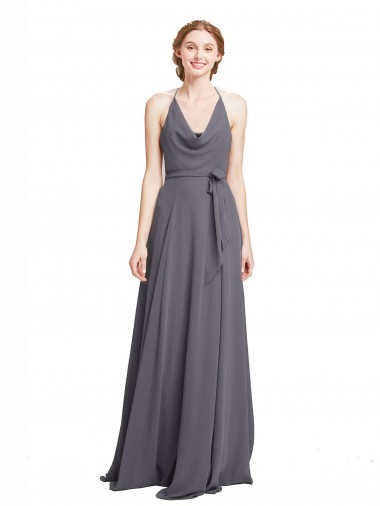 Soft Chiffon Spaghetti Straps Sleeveless Slate Grey Long Bridesmaid Dress Kent